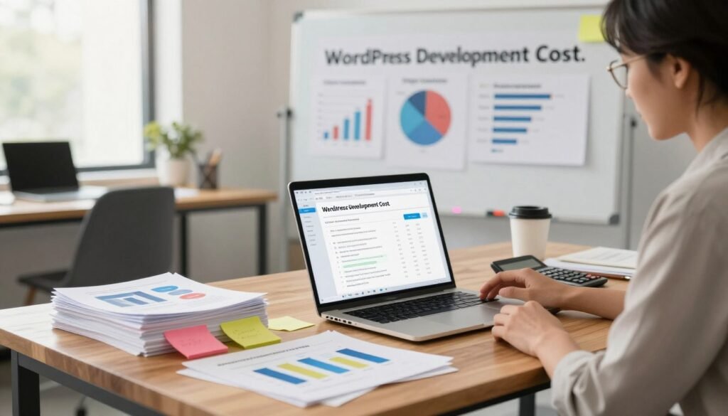 A detailed workspace scene illustrating the concept of "WordPress Development Cost." In the foreground, a sleek wooden desk is cluttered with a laptop displaying a WordPress dashboard, surrounded by stacks of design mockups and colorful sticky notes. A business professional in a smart casual outfit is focused on the screen, analyzing data, with a calculator nearby. In the middle ground, a whiteboard filled with charts and graphs highlights cost factors like design complexity, feature sets, and timelines. In the background, soft-focus office elements feature a large window with natural light pouring in, casting a warm glow. The atmosphere is productive and informative, inviting viewers to explore the factors driving custom WordPress development costs in a U.S. setting. A detailed workspace scene illustrating the concept of "WordPress Development Cost." In the foreground, a sleek wooden desk is cluttered with a laptop displaying a WordPress dashboard, surrounded by stacks of design mockups and colorful sticky notes. A business professional in a smart casual outfit is focused on the screen, analyzing data, with a calculator nearby. In the middle ground, a whiteboard filled with charts and graphs highlights cost factors like design complexity, feature sets, and timelines. In the background, soft-focus office elements feature a large window with natural light pouring in, casting a warm glow. The atmosphere is productive and informative, inviting viewers to explore the factors driving custom WordPress development costs in a U.S. setting.