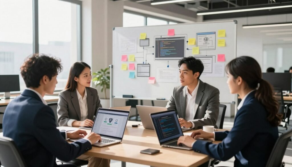 A modern office setting showcasing a professional WordPress development briefing. In the foreground, a diverse group of three individuals engaged in a collaborative discussion, dressed in smart business attire, looking at laptops and digital screens filled with WordPress themes and code snippets. In the middle ground, a large whiteboard covered with colorful post-it notes and technical drawings related to web development processes. The background features a bright, open workspace with large windows allowing natural light to flood in, creating a hopeful and productive atmosphere. Soft shadows subtly cast across the scene, emphasizing a warm and inviting mood, encouraging teamwork and creativity. Use a wide-angle perspective to capture the entire setting. A modern office setting showcasing a professional WordPress development briefing. In the foreground, a diverse group of three individuals engaged in a collaborative discussion, dressed in smart business attire, looking at laptops and digital screens filled with WordPress themes and code snippets. In the middle ground, a large whiteboard covered with colorful post-it notes and technical drawings related to web development processes. The background features a bright, open workspace with large windows allowing natural light to flood in, creating a hopeful and productive atmosphere. Soft shadows subtly cast across the scene, emphasizing a warm and inviting mood, encouraging teamwork and creativity. Use a wide-angle perspective to capture the entire setting.