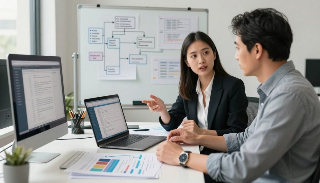 A professional WordPress developer in a modern office setting, sitting at a sleek desk cluttered with design mockups, project notes, and a laptop displaying a WordPress interface. The developer, a young woman in smart business attire, appears engaged while discussing project goals with a client, a middle-aged man in a casual button-up shirt. In the background, a whiteboard filled with flowcharts and diagrams illustrates project milestones and scope. Soft, natural light streams in through a window, creating a warm, inviting atmosphere. The camera angle is slightly elevated, capturing both the focused expressions of the individuals and the organized workspace, conveying a sense of collaboration and professionalism in the process of briefing a WordPress project. A professional WordPress developer in a modern office setting, sitting at a sleek desk cluttered with design mockups, project notes, and a laptop displaying a WordPress interface. The developer, a young woman in smart business attire, appears engaged while discussing project goals with a client, a middle-aged man in a casual button-up shirt. In the background, a whiteboard filled with flowcharts and diagrams illustrates project milestones and scope. Soft, natural light streams in through a window, creating a warm, inviting atmosphere. The camera angle is slightly elevated, capturing both the focused expressions of the individuals and the organized workspace, conveying a sense of collaboration and professionalism in the process of briefing a WordPress project.