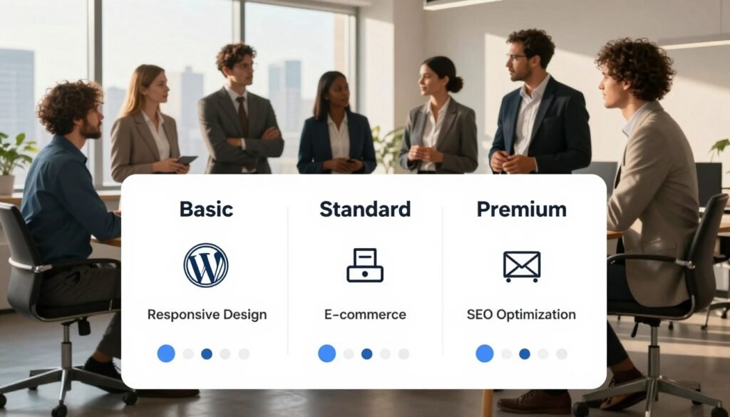A visually appealing illustration of a custom WordPress pricing structure, featuring a modern, clean design. In the foreground, display a stylized pricing table with three distinct columns labeled "Basic", "Standard", and "Premium", showcasing different pricing tiers with representative icons for features like "Responsive Design", "E-commerce", and "SEO Optimization". The middle ground should include a professional-looking office setting, with a diverse group of business professionals dressed in smart business attire, discussing the pricing table. In the background, add elements like a large window showcasing a city skyline, casting natural sunlight into the room. The atmosphere should be one of collaboration and decision-making, with a focus on clarity and professionalism, illuminated by warm, ambient lighting to create an inviting environment. A visually appealing illustration of a custom WordPress pricing structure, featuring a modern, clean design. In the foreground, display a stylized pricing table with three distinct columns labeled "Basic", "Standard", and "Premium", showcasing different pricing tiers with representative icons for features like "Responsive Design", "E-commerce", and "SEO Optimization". The middle ground should include a professional-looking office setting, with a diverse group of business professionals dressed in smart business attire, discussing the pricing table. In the background, add elements like a large window showcasing a city skyline, casting natural sunlight into the room. The atmosphere should be one of collaboration and decision-making, with a focus on clarity and professionalism, illuminated by warm, ambient lighting to create an inviting environment.